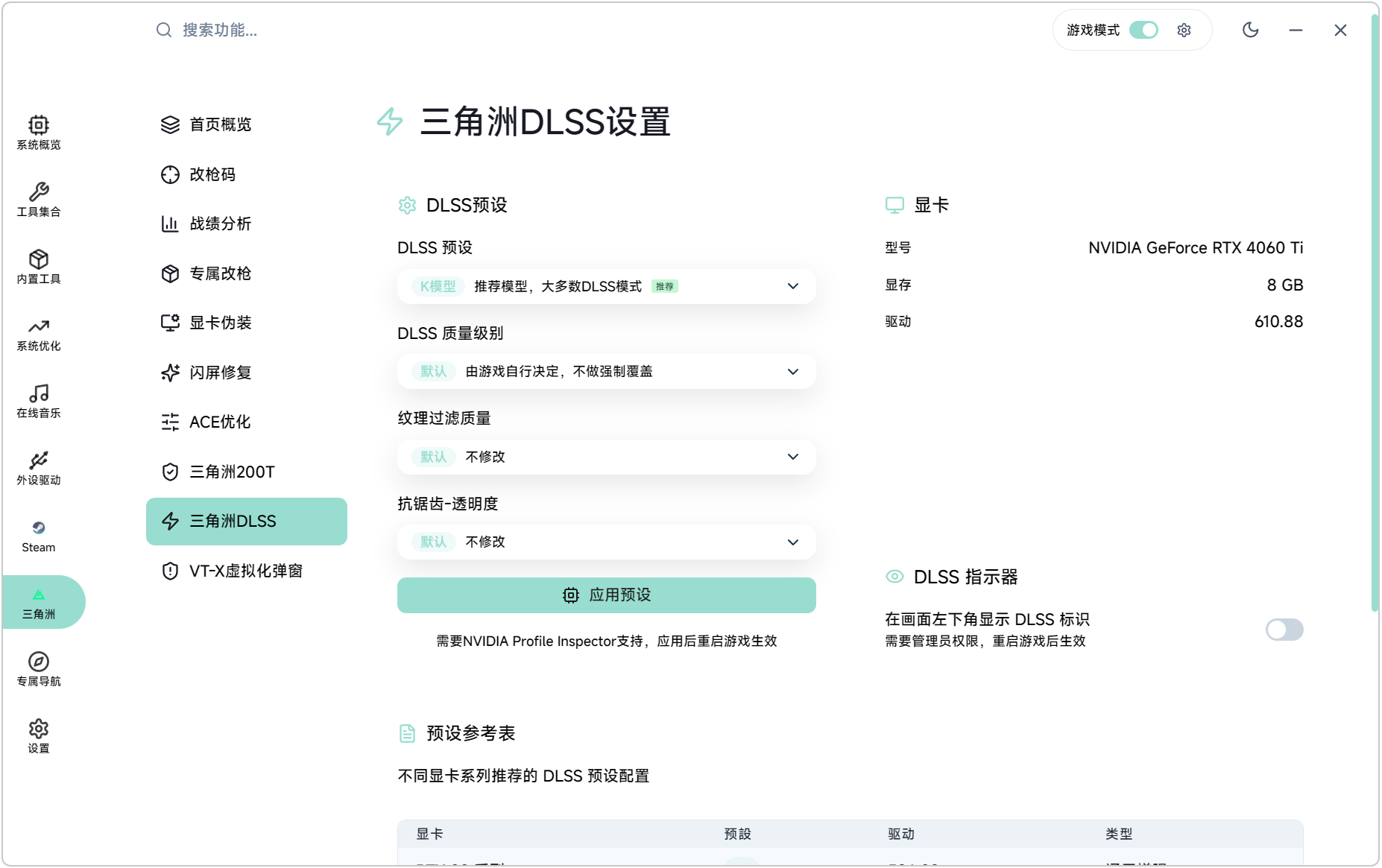 三角洲游戏优化 小哆啦工具箱 v2.3.5,支持三角洲行动改枪码、显卡伪装、闪屏修复、ACE反作弊优化、三角洲200伤害踢、三角洲DLSS设置、VT-X虚拟化弹窗,20/30/40/50系显卡画质帧数