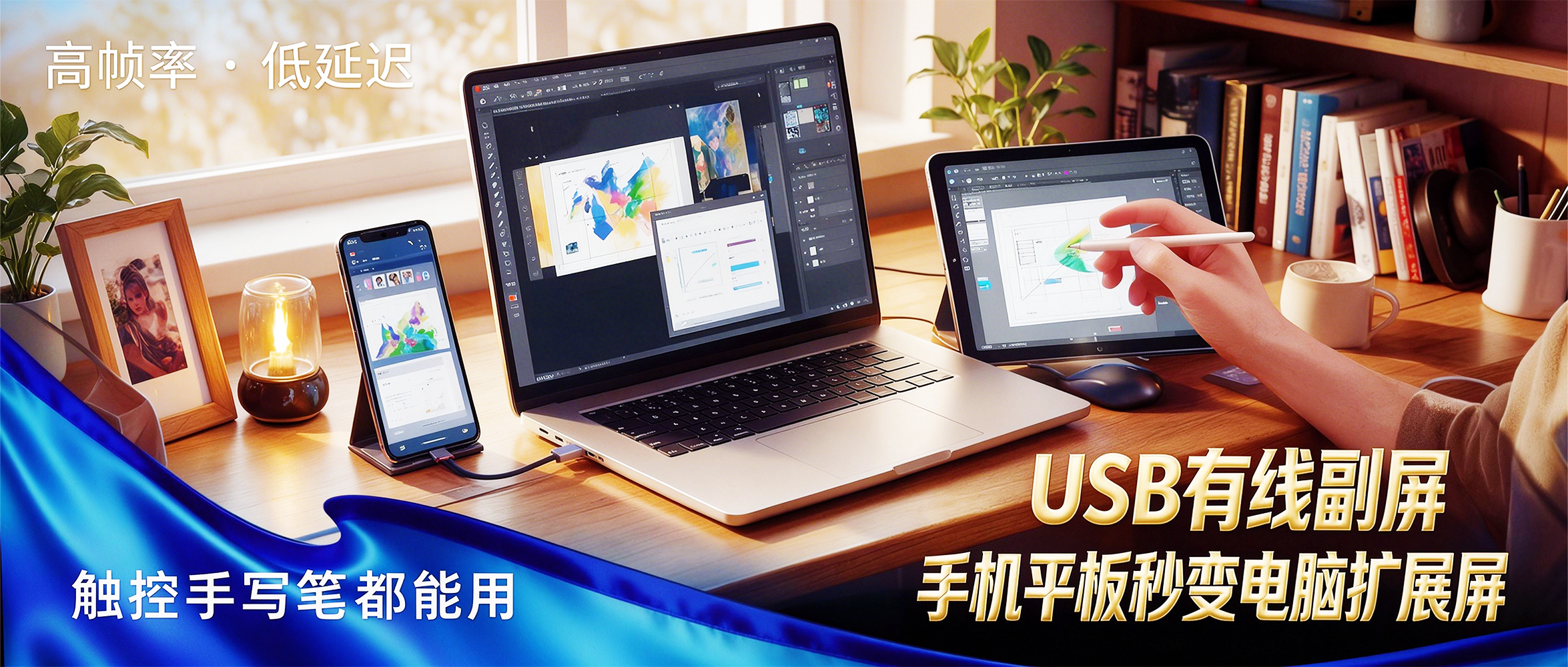 USB有线副屏软件 WireView v1.1.18，安卓手机+平板连接电脑USB数据线，直接变Windows副屏，高帧率低延迟，支持触控和手写笔，可复制屏幕、扩展屏幕，内置简易模式、完整模式，能指定