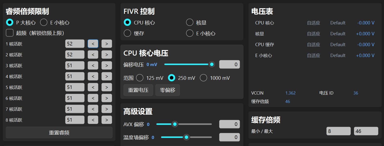 CPU超频软件 IntelUndervolt v3.0，支持CPU大小核心调压定频，自带实时监控、频率锁定、低噪静音，可单独设置每个核心的电压与频率，支持功耗调节、稳定性测试，多方位提升电脑CPU整体