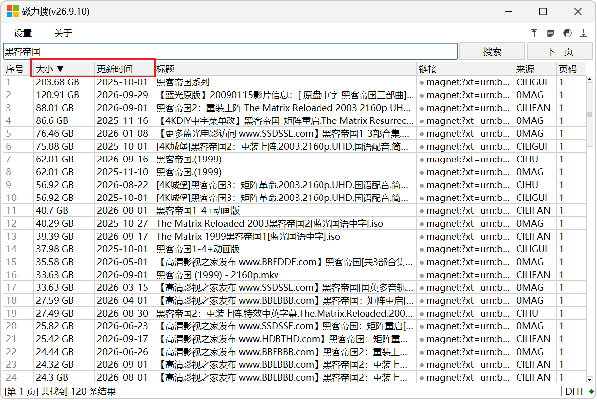 磁力资源搜索工具 磁力搜 MagnetSearcher v26.9.10,Windows电脑磁力搜索软件,聚合磁力网站搜索引擎!实时更新、快速响应反馈搜索结果,支持文件大小、更新时间、热度排序筛选!可