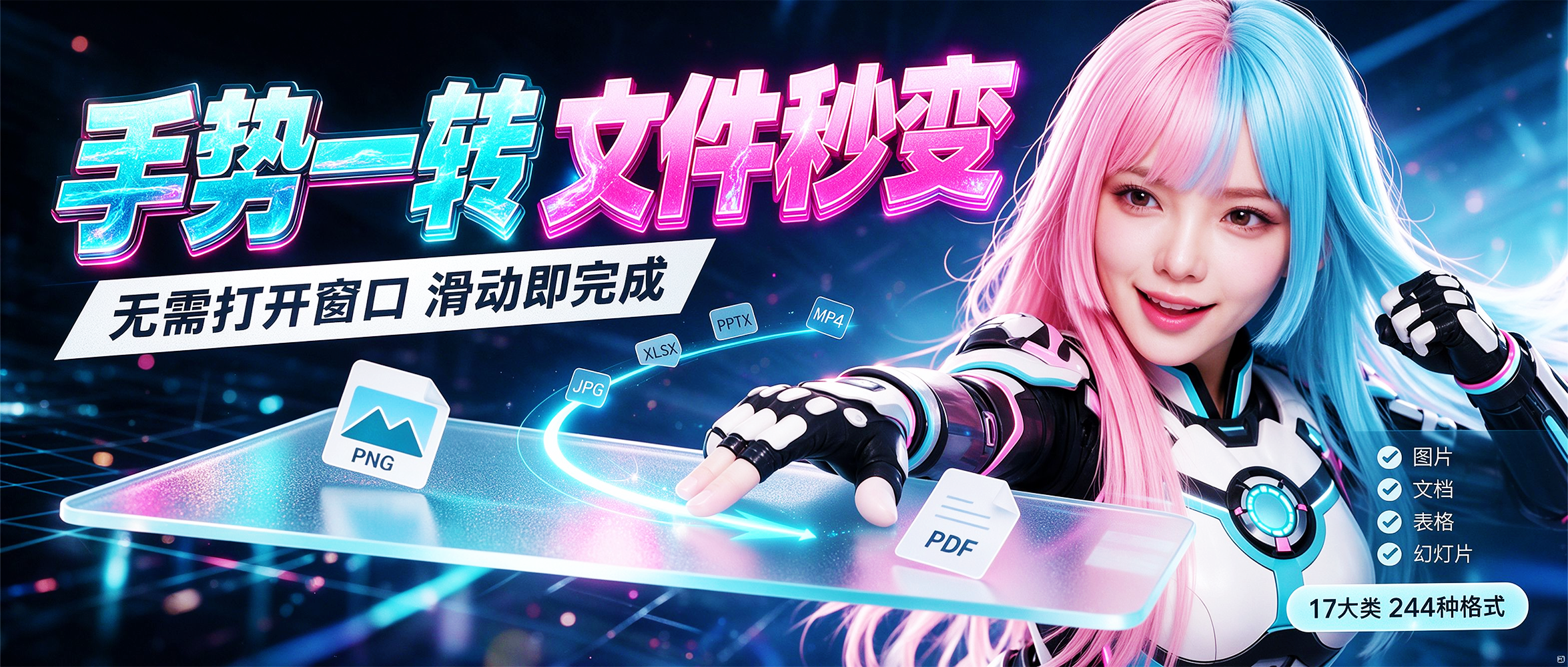 文件格式转换器 Filee v1.11.0，支持图片、PDF、Word、Excel、PPT、视频、音乐、电子书、压缩包、CAD图纸等合计17个大类，244种格式类型！无需打开操作界面，一个手势就能完成